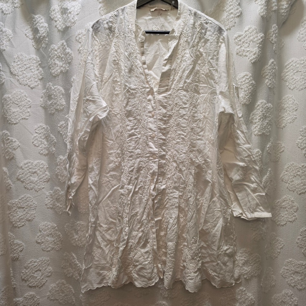 Soft Surroundings White Embroidered‎ Cotton Tunic Shirt XL Floral Pintuck